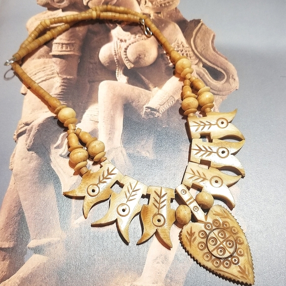 Antiq African Tribal Adinkra Symbol Hand Carved Bone Necklace - Picture 8 of 8